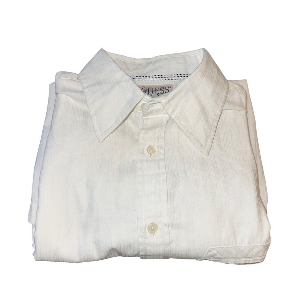 Guess Mens XL White‎ Textured Stripe Long Sleeve Button Down Shirt Pocket Logo